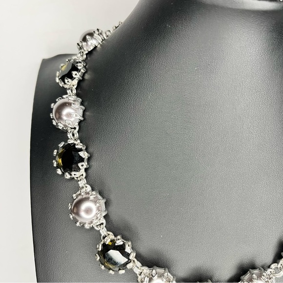 Statement Necklace Black Faceted Crystal and Silver Beaded Runway - Picture 3 of 6